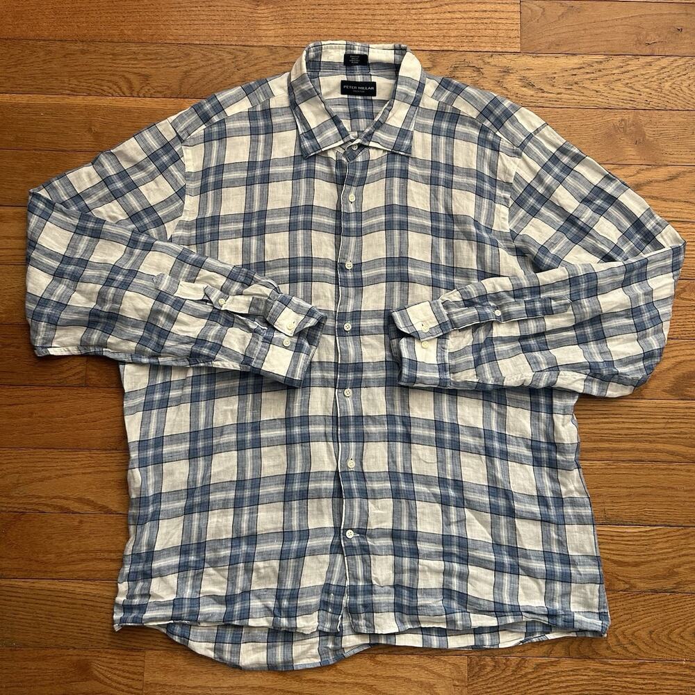 Peter Millar Collection 100% Linen Plaid Button Up Shirt XL